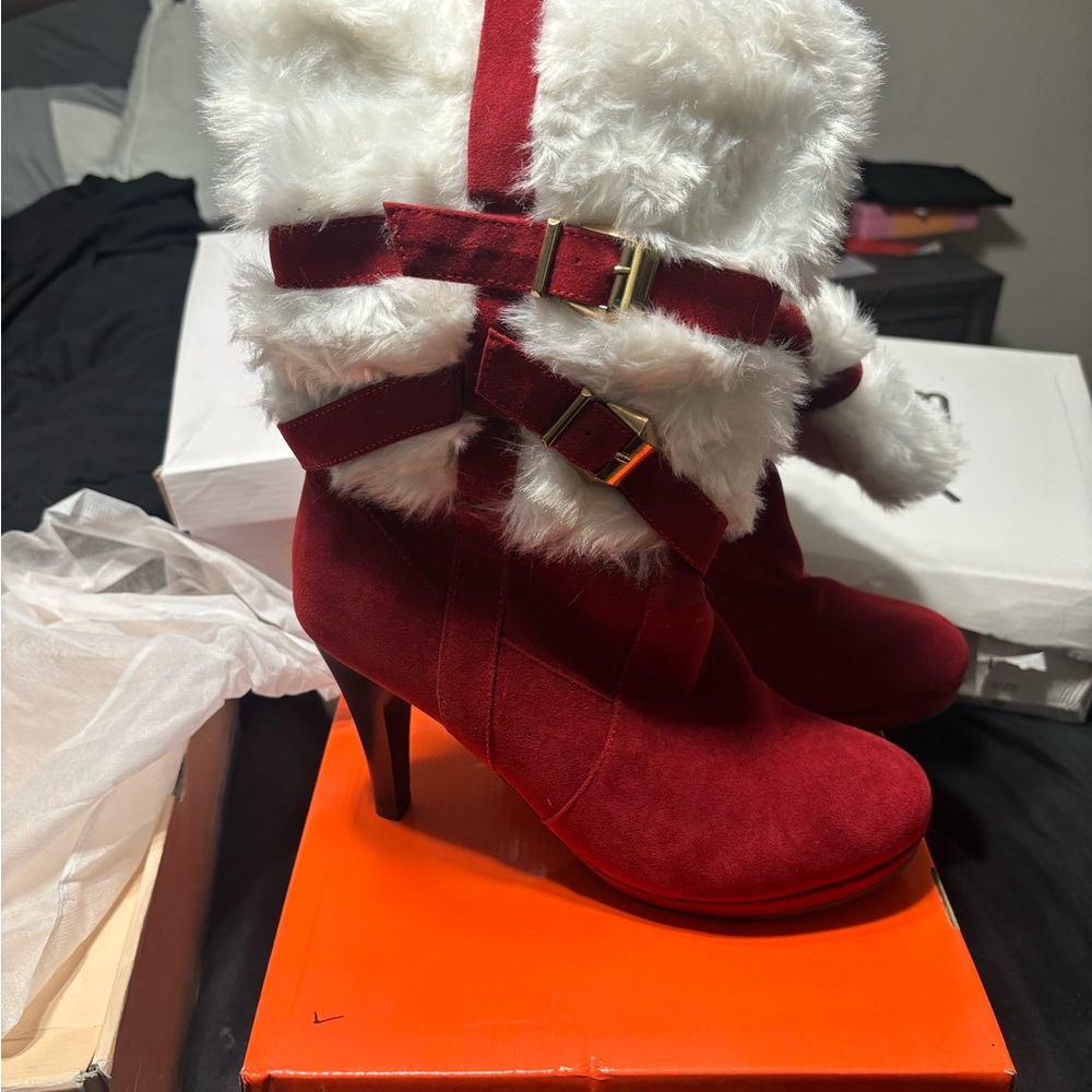 Women's Red Faux Fur Buckle Boots